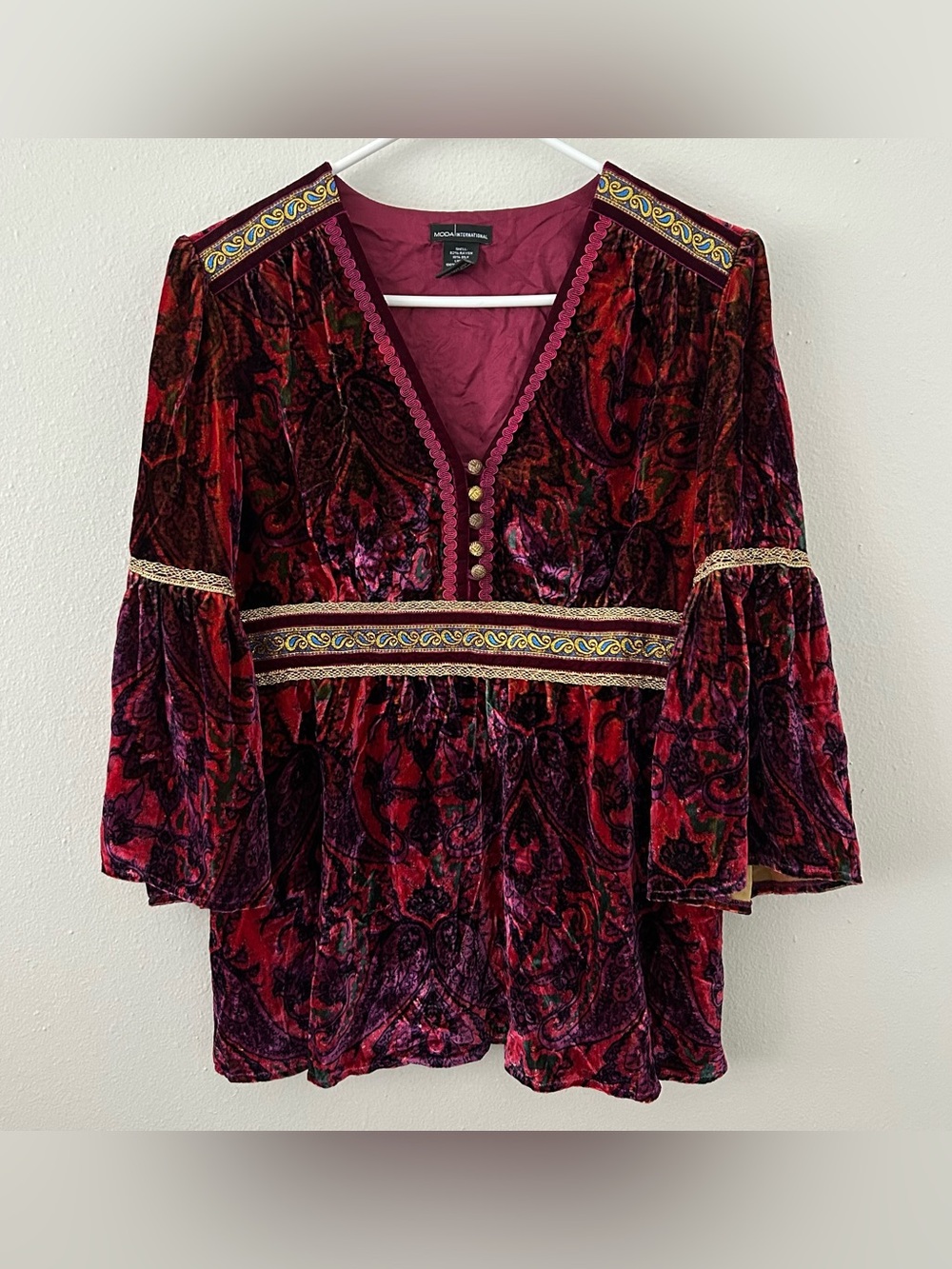 Moda International Velvet Paisley Bell Sleeve Babydoll Top Sz M Silk Boho Hippie